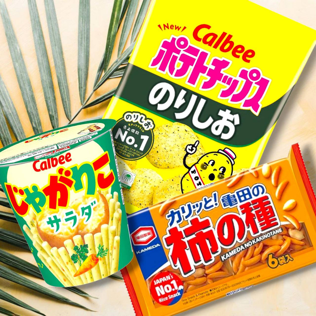 alt="Top 3 most popular Japanese snacks: Nori Shio potato chips, Jagariko, and Kaki no Tane"