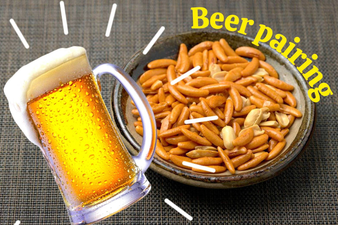 Japanese snack Kaki no Tane paired with cold lager beer